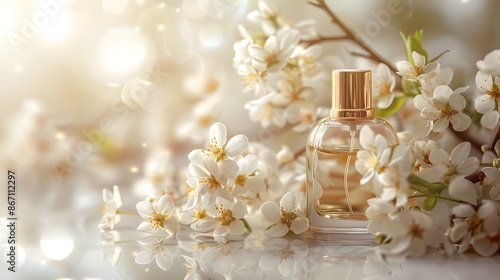 A bottle of perfume with white flowers in the background, light beige and gold style, clean background, minimalist.