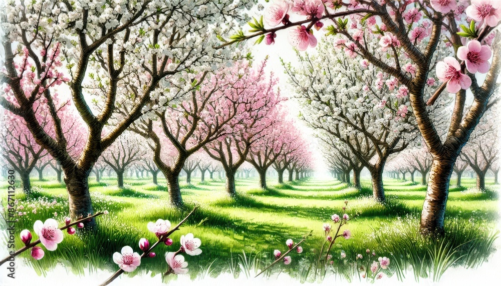 Fototapeta premium Peach Blossom Orchard in Spring , watercolor style