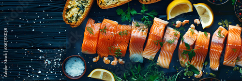  salmon fillet with aromatic herbs spices and vegetables,
Salmon Fresh raw salmon fish fillet
