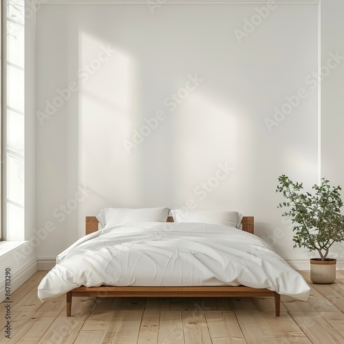 interior of bedroom with bed in front of empty wall