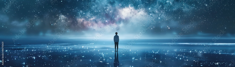 Silhouette of a person standing on a serene, reflective surface under a starry, cosmic sky, evoking solitude and introspection. Silhouette of a person standing on a serene, reflective surface under a starry, cosmic sky, evoking solitude and introspection.