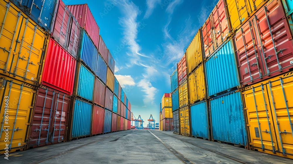 Fototapeta premium colorful shipping containers stacked inside a spacious warehouse.
