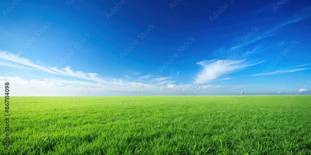 Fototapeta premium Green grass field background with clear blue sky, nature, summer, outdoors, landscape, rural, meadow, environment, scenic