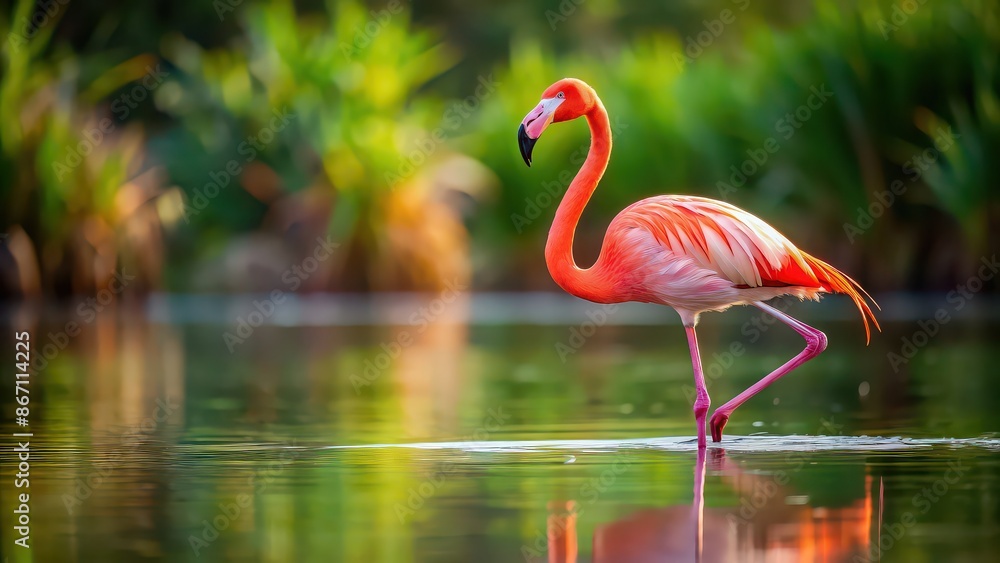 Fototapeta premium Vibrant pink flamingo bird standing gracefully in water , exotic, wildlife, tropical, beak, feathers, elegant, beautiful