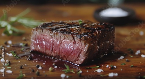 Perfectly Grilled Steak With Rosemary and Salt on Wooden Cutting Board