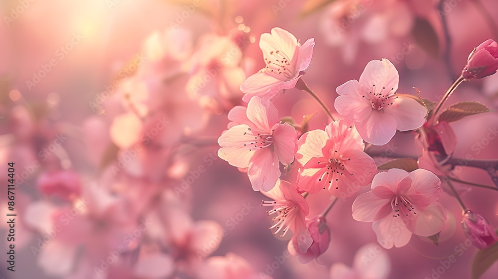A dreamy pastel pink spring background with delicate cherry blossoms and soft sunlight filtering through the branches, creating an atmosphere of serenity and beauty. A dreamy pastel pink spring background with delicate cherry blossoms and soft sunlight filtering through the branches, creating an atmosphere of serenity and beauty.