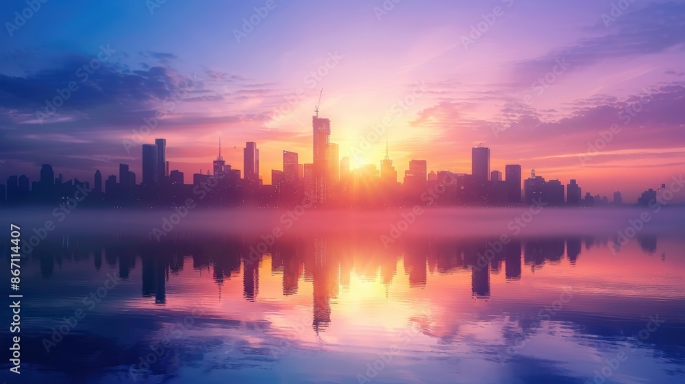 City skyline at dawn, morning mist, rising sun, skyline silhouette, focus on, copy space, rich colors, Double exposure silhouette with sunrise City skyline at dawn, morning mist, rising sun, skyline silhouette, focus on, copy space, rich colors, Double exposure silhouette with sunrise