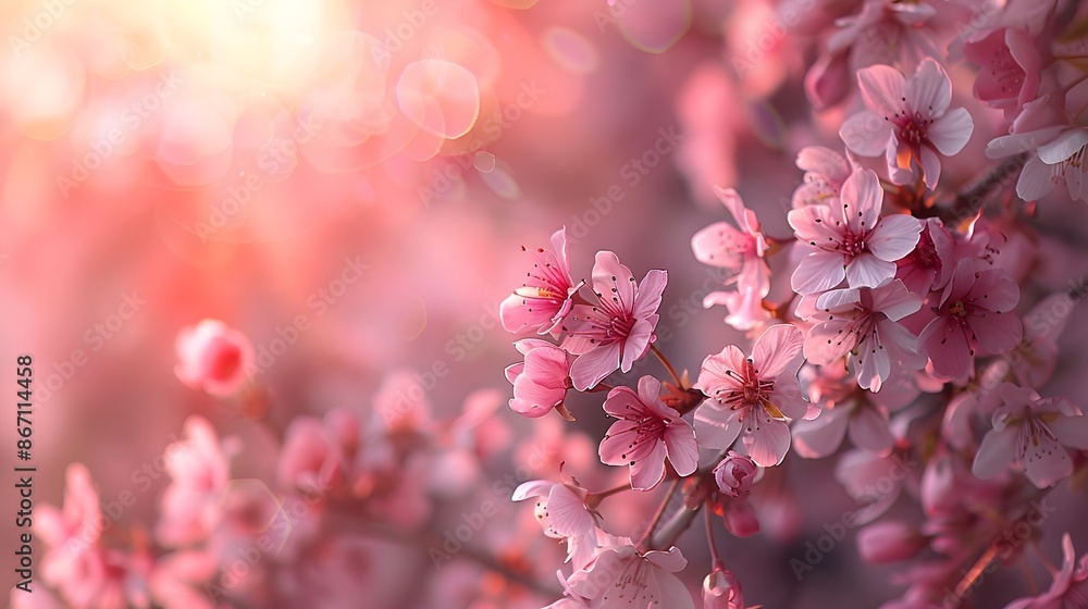 A dreamy pastel pink spring background with delicate cherry blossoms and soft sunlight filtering through the branches, creating an atmosphere of serenity and beauty. A dreamy pastel pink spring background with delicate cherry blossoms and soft sunlight filtering through the branches, creating an atmosphere of serenity and beauty.