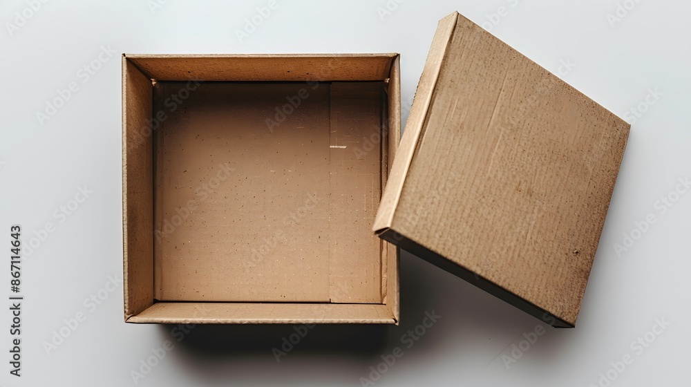 Fototapeta premium A flat, open cardboard box on white background. The closed lid is slightly opened to reveal the interior of an empty and clean box. powerful visual that conveys carefree vibes.