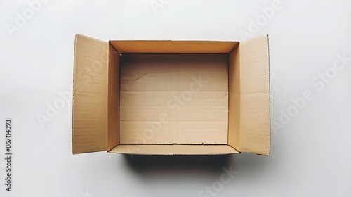 A flat, open cardboard box on white background. The closed lid is slightly opened to reveal the interior of an empty and clean box. powerful visual that conveys carefree vibes.