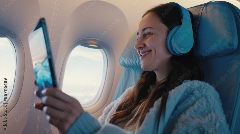 Woman Enjoying Flight with Headphones and Tablet Woman Enjoying Flight with Headphones and Tablet