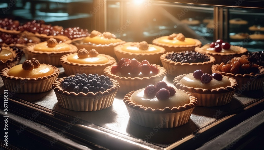 Variety of sweet tasty tarts displayed in a case for sale; bakery shop Variety of sweet tasty tarts displayed in a case for sale; bakery shop