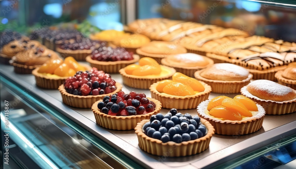 Variety of sweet tasty tarts displayed in a case for sale; bakery shop Variety of sweet tasty tarts displayed in a case for sale; bakery shop