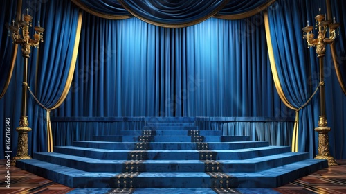 Luxurious grand stage with cascading blue and gold curtains decor photo