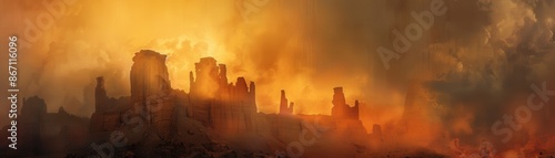 Castle at sunset, golden light, ancient stone, dramatic sky, focus on, copy space, rich hues, Double exposure silhouette with evening glow