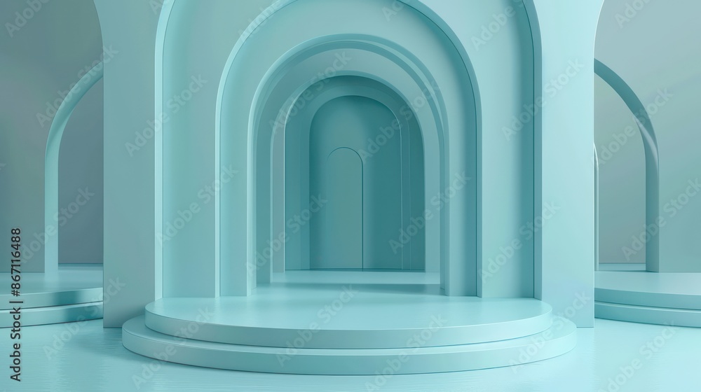 Fototapeta premium Elegant light blue abstract arches composition with geometric shapes