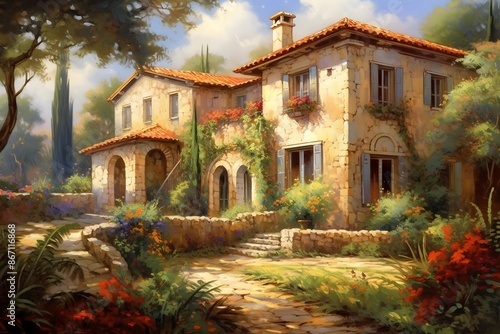 Digital painting of a villa in the countryside, Tuscany, Italy © Michelle