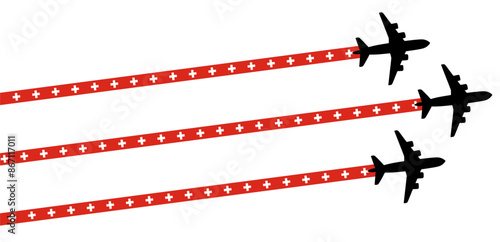 set Flying airplane with Switzerland flag icon. airshow celebration day symbol Template Illustration Design