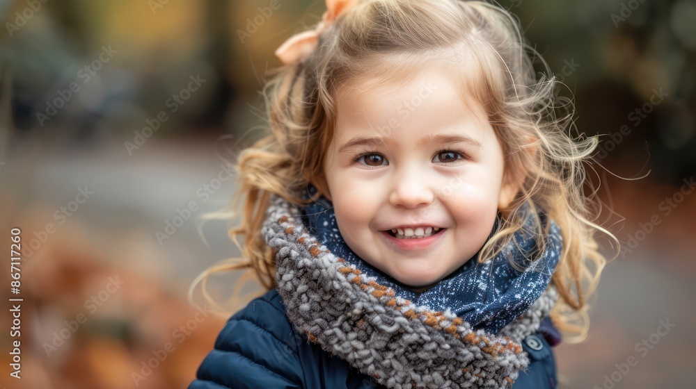 Smiling blonde girl wearing cozy scarf in autumn forest setting Smiling blonde girl wearing cozy scarf in autumn forest setting