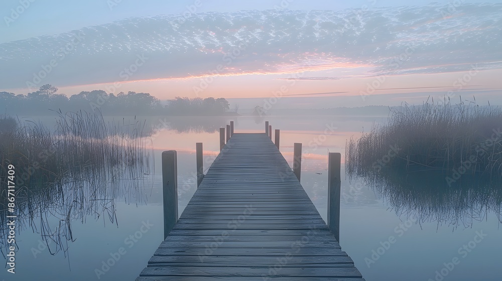 Naklejka premium A serene lakeside dock at dawn, reflecting the soft pastel colors of the sky in the still water, capturing a peaceful moment of solitude.