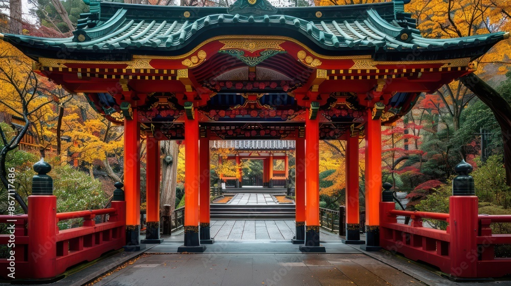 Traditional Japanese temple gate with vibrant autumn foliage in background Traditional Japanese temple gate with vibrant autumn foliage in background