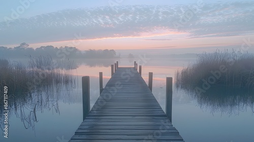 A serene lakeside dock at dawn, reflecting the soft pastel colors of the sky in the still water, capturing a peaceful moment of solitude. © horizon