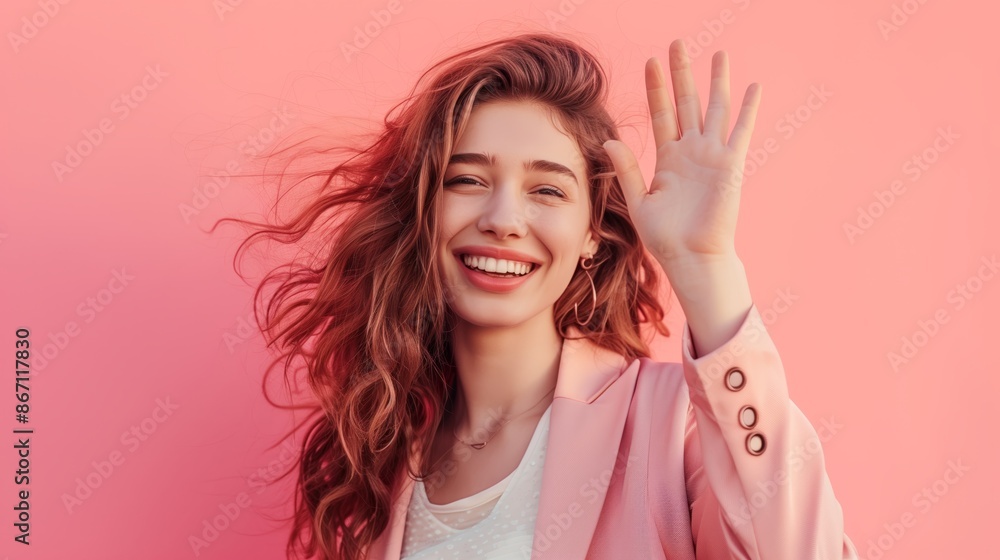 smiling young woman waving hello, wearing a stylish outfit and isolated on a pastel-colored background. smiling young woman waving hello, wearing a stylish outfit and isolated on a pastel-colored background.