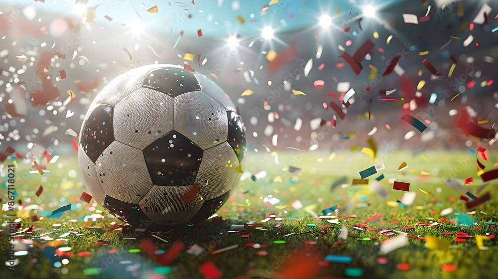 Fototapeta premium Soccer Ball Surrounded by Confetti in Illuminated Stadium Celebrating Victory