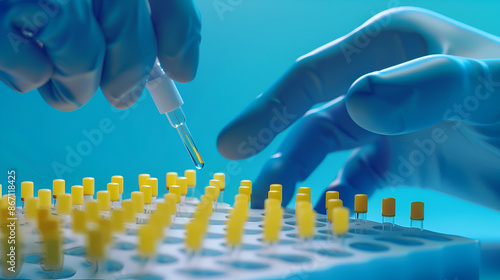 Lab Doctor's preparing test blood for detection of antibodies,
Scientist analyzing DNA with pipette and genetic results
