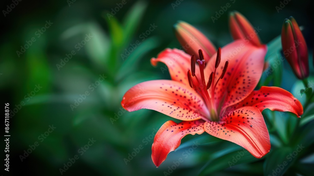 Vibrant red lily in full bloom against a lush green background Vibrant red lily in full bloom against a lush green background