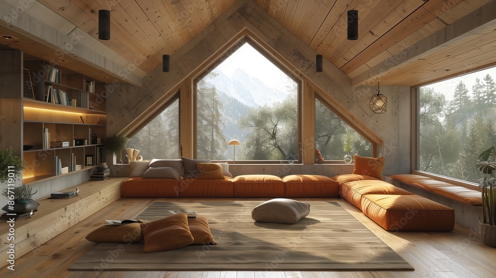 Modern Attic Lounge with Mountain View. Spacious attic lounge with wooden walls, large windows showcasing a mountain view, and comfortable seating, creating a serene atmosphere. Modern Attic Lounge with Mountain View. Spacious attic lounge with wooden walls, large windows showcasing a mountain view, and comfortable seating, creating a serene atmosphere.