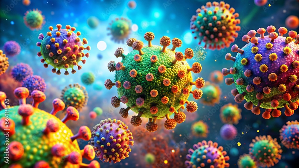 Fototapeta premium Colorful 3D illustration of coronaviruses infecting cultured cells, with vibrant vesicles, organelles, and viral particles amidst a blurred microbiological background.
