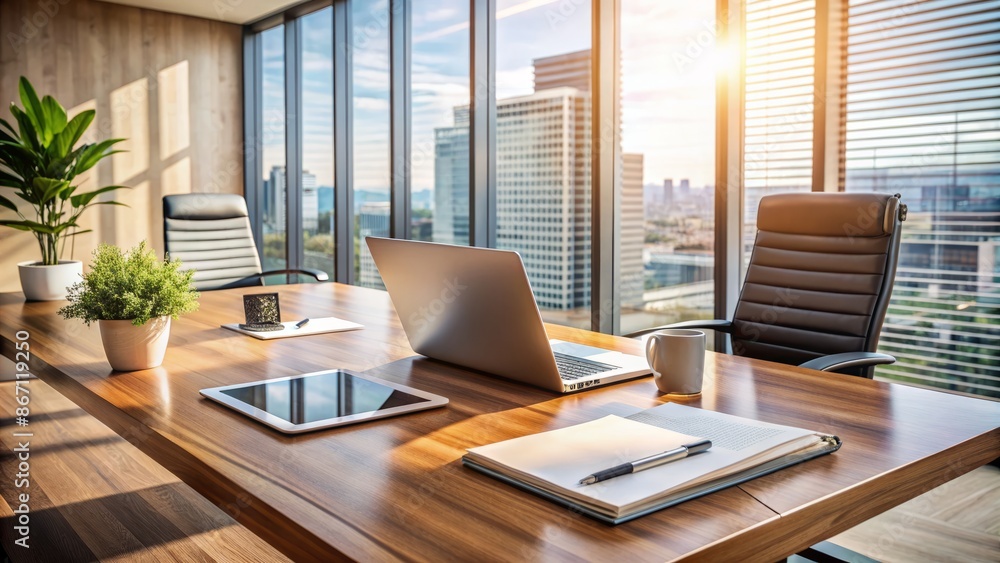 Modern corporate office setting with laptop, tax bills, financial reports, and contract papers scattered on a sleek wooden desk. Modern corporate office setting with laptop, tax bills, financial reports, and contract papers scattered on a sleek wooden desk.