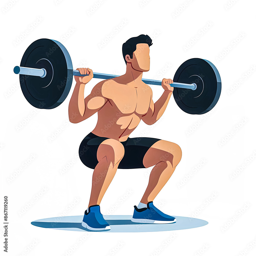 Vector illustration of young man doing squat exercise using weightlifting bar on white background. Vector illustration of young man doing squat exercise using weightlifting bar on white background.