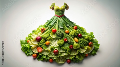 Vibrant colorful illustration of a conceptual dress made from lettuce leaves and vegetables, celebrating World Vegan Day, sans human presence. photo