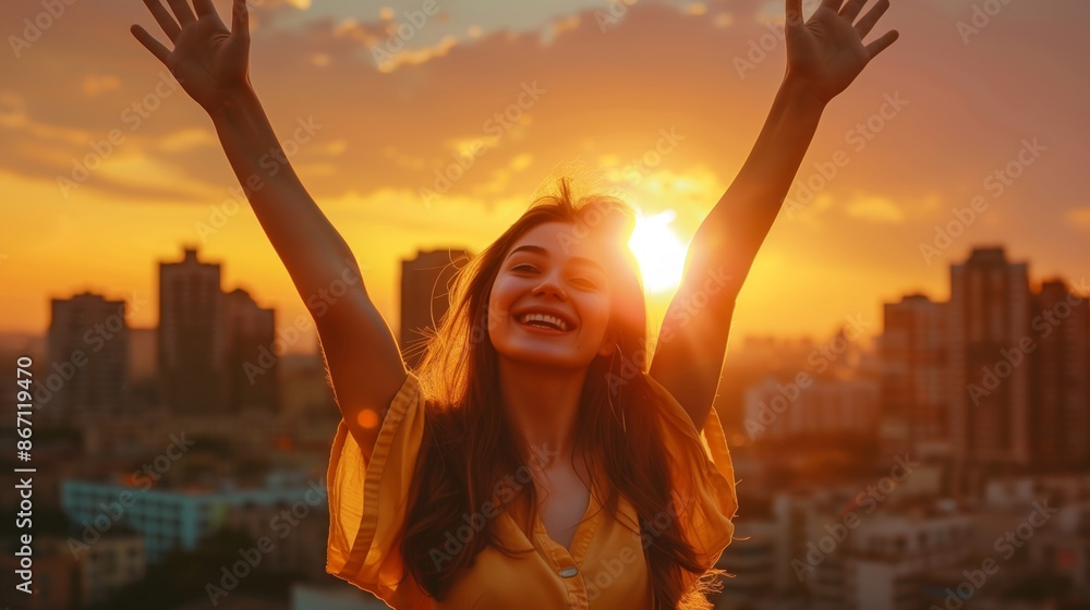 cheerful young woman waving hello with both hands, standing against a backdrop of a city skyline at sunset. cheerful young woman waving hello with both hands, standing against a backdrop of a city skyline at sunset.