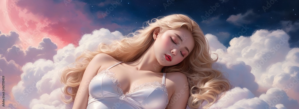 Close-up woman like angel is sleeping on a cloud midnight night sky dreamy Close-up woman like angel is sleeping on a cloud midnight night sky dreamy