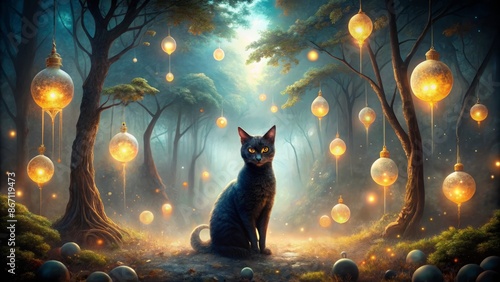 Mysterious feline figure surrounded by radiant orbs and soft luminescent mist within a dark, mystical and enchanted forest atmosphere.