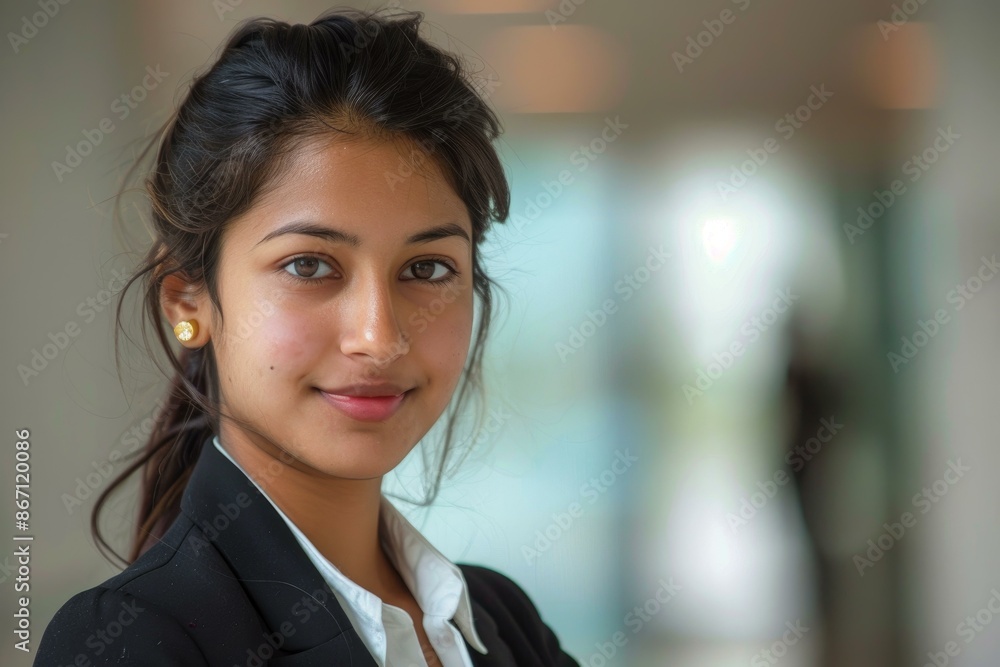 Portrait of a young businesswoman smiling in a modern office building Portrait of a young businesswoman smiling in a modern office building