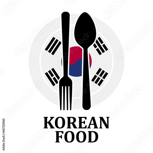 Korean Restaurant food logo. Flag symbol with plate spoon and fork Icon Template Illustration Design