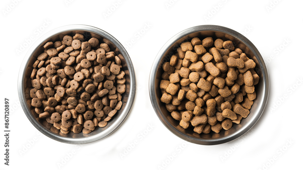 Kibble and canned dog food in bowls. Two types of dog food isolated on a transparent background Kibble and canned dog food in bowls. Two types of dog food isolated on a transparent background