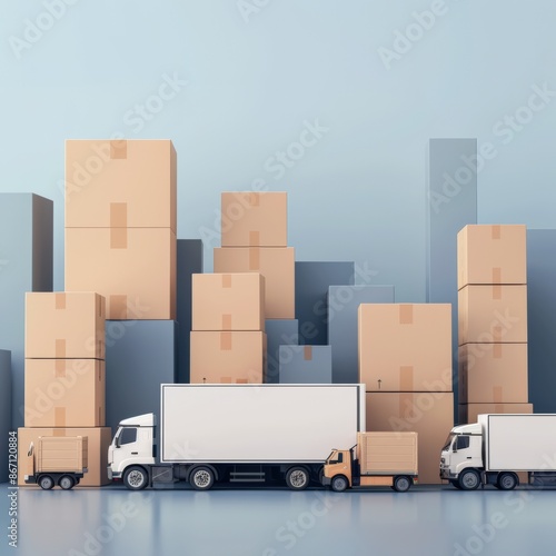 A line of trucks in front of stacks of cardboard boxes against a blue background.  The image symbolizes logistics, shipping, and delivery. © KanitChurem