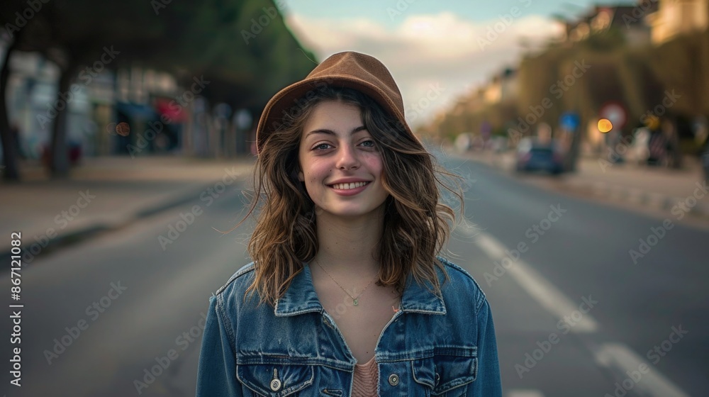 Young Woman in Denim Jacket Smiling Standing in the Middle of a Road Everyday Life Snapshot 16:9 Young Woman in Denim Jacket Smiling Standing in the Middle of a Road Everyday Life Snapshot 16:9