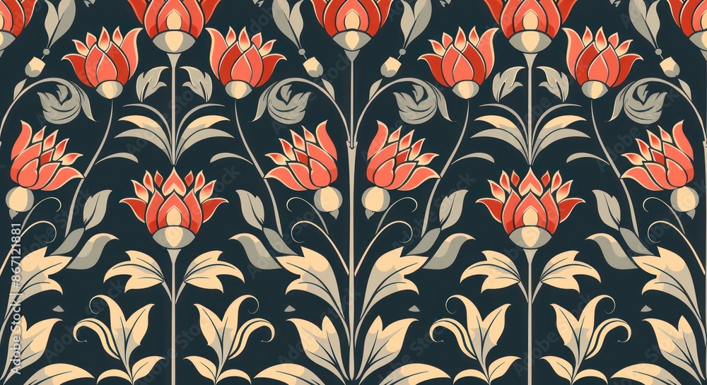 Floral pattern with red flowers and leaves in an elegant, vintage style. Floral pattern with red flowers and leaves in an elegant, vintage style.