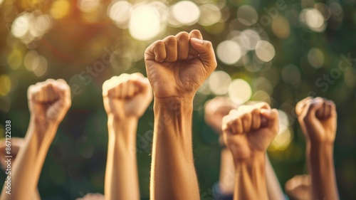 Close up of diverse people hands putting fist in the air with blurring background. Multicultural people hands holding hand and raising hand up. Focus on hands. Victory, strength, revolution. AIG53F. photo