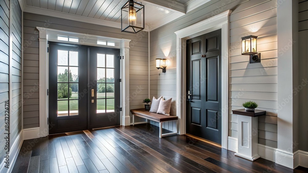 A beautiful foyer entrance with a light hanging above the dark hardwood floors, a bench in front of a shiplap wall, and a dark door with windows. A beautiful foyer entrance with a light hanging above the dark hardwood floors, a bench in front of a shiplap wall, and a dark door with windows.