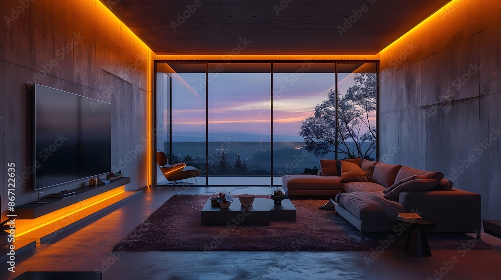 Fototapeta premium Modern living room with wall light strip lighting around the TV and couch, concrete walls, night time, LED strips on the ceiling, warm LED lights under furniture, modern interior design.