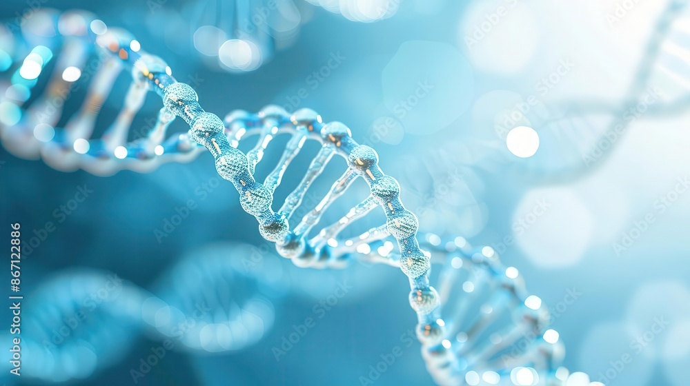 High-tech DNA helix with a blue abstract backdrop, genetic research, biotechnology High-tech DNA helix with a blue abstract backdrop, genetic research, biotechnology