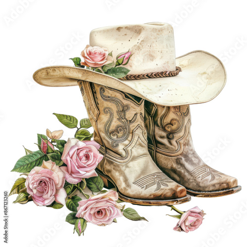 Cowboy Hat and Boots with Pink Roses
