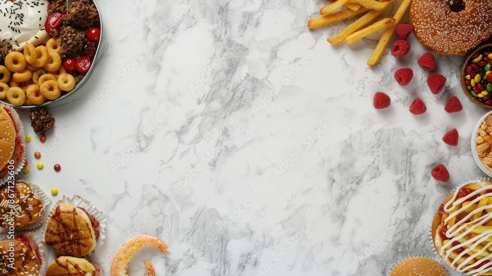 Assorted junk food forming a creative double border against a luxurious white marble background, ideal for culinary themes Assorted junk food forming a creative double border against a luxurious white marble background, ideal for culinary themes